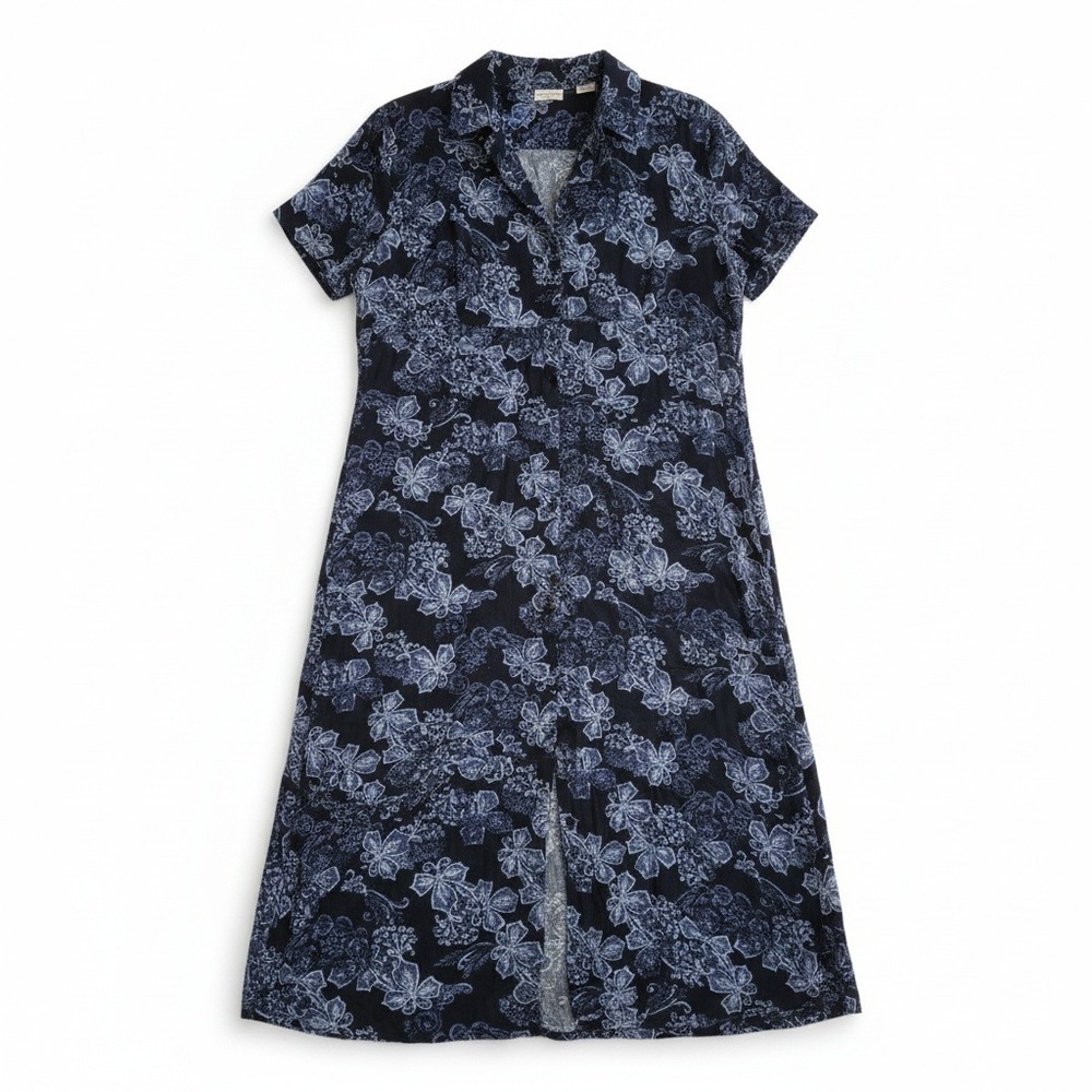 White Stag Navy Blue Floral Paisley Button Front Midi Dress Womens XL